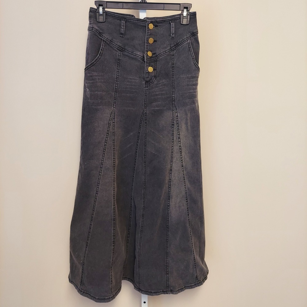 Chartou Womens High Waist Button Front Denim Maxi Skirt Black S Grunge Western
